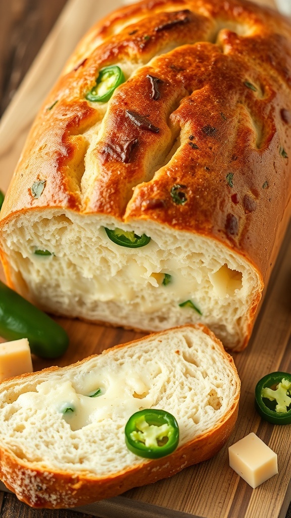 Cheesy Jalapeño Sourdough Bread Recipe A loaf of cheesy jalapeño sourdough bread sliced to show its soft interior with jalapeños and cheese, on a wooden cutting board.